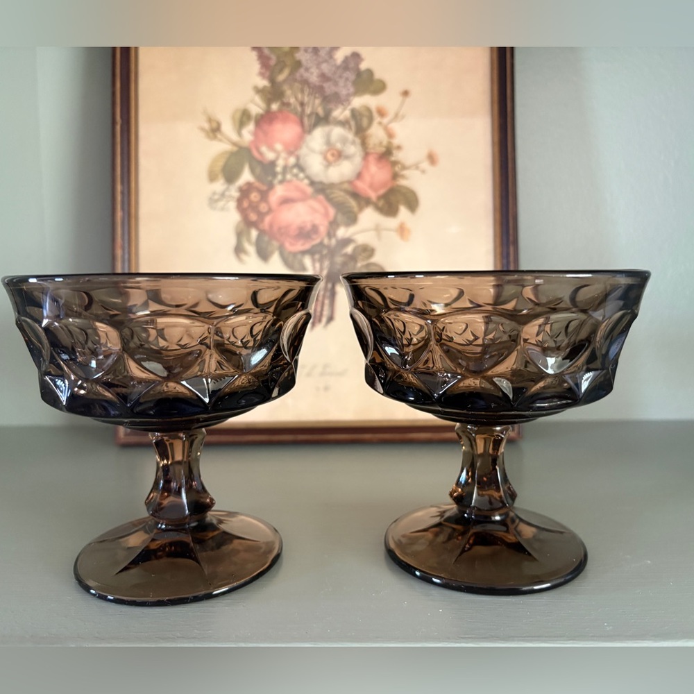 2 Noritake Perspective Brown Champagne Goblets/Coupes MCM Vintage Glassware